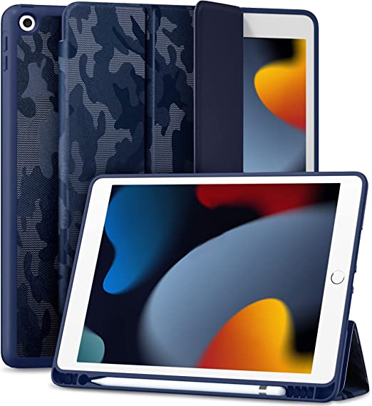 Maledan Case for iPad 9/8/7 Generation/iPad 10.2 Case 2021 with Pen Holder, Smart Folio Soft TPU Protective Case for iPad 8th/7th Generation 2020/2019 [Auto Sleep/Wake Function] (Camouflage Blue)
