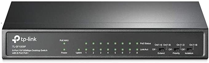 TP-Link 9-Port 10/100Mbps Desktop Switch with 8-Port PoE+ - @65W, Sturdy Metal w/Shielded Ports, Limited Lifetime Protection, Extend Mode, Priority Mode, Isolation Mode (TL-SF1009P)