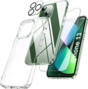 [5-in-1] Designed for iPhone 13 Case, with 2 Pack[ Tempered Glass Screen Protector] + 2 Pack [ Camera Lens Protector] Shockproof Slim Non-Slip Cover Military Grade Drop Protection 6.1''- Clear