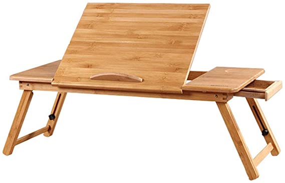 Kiyte Height Adjustable Laptop Bed Table, Portable Lap Desk with Storage Drawer, Adjustable Laptop Bed Stand with Cup Holder for Reading Writing on Bed,Beige,L