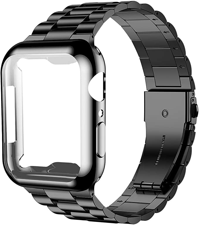 iiteeology Compatible with Apple Watch Band 38mm 40mm 41mm 42mm 44mm 45mm with Screen Protector Case, [Upgraded] Stainless Steel Link Replacement Band for iWatch Series 7 6 5 4 3 2 1