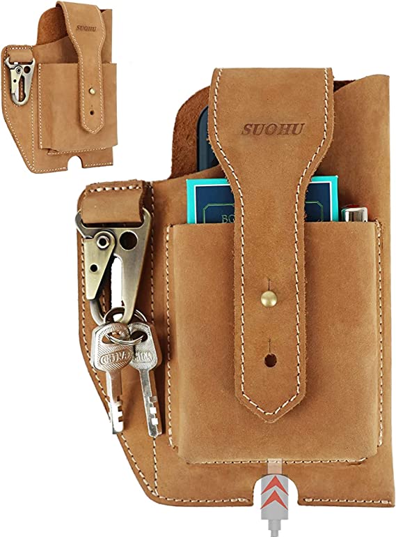SUOHU Leather Phone Holster for Men Belt Loop Tool Bag，Multifunction Cell Phone Holder leather pouch，Leather Key Holder Belt Pouches ，for IPhone 11 12 Pro Samsung Galaxy a20 Apple Phone (light coffee)