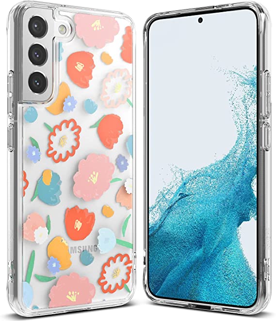 Ringke Fusion Design Compatible with Samsung Galaxy S22 Plus 5G Case (2022), Clear Hard Back with Flowers Girls Women Design Print Shockproof TPU Bumper Phone Cover - Floral