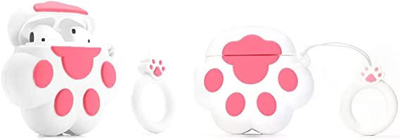 Paw Silicone Cats Shockproof Case Cover For Airpods 1 & 2 With Ring Buckle - White