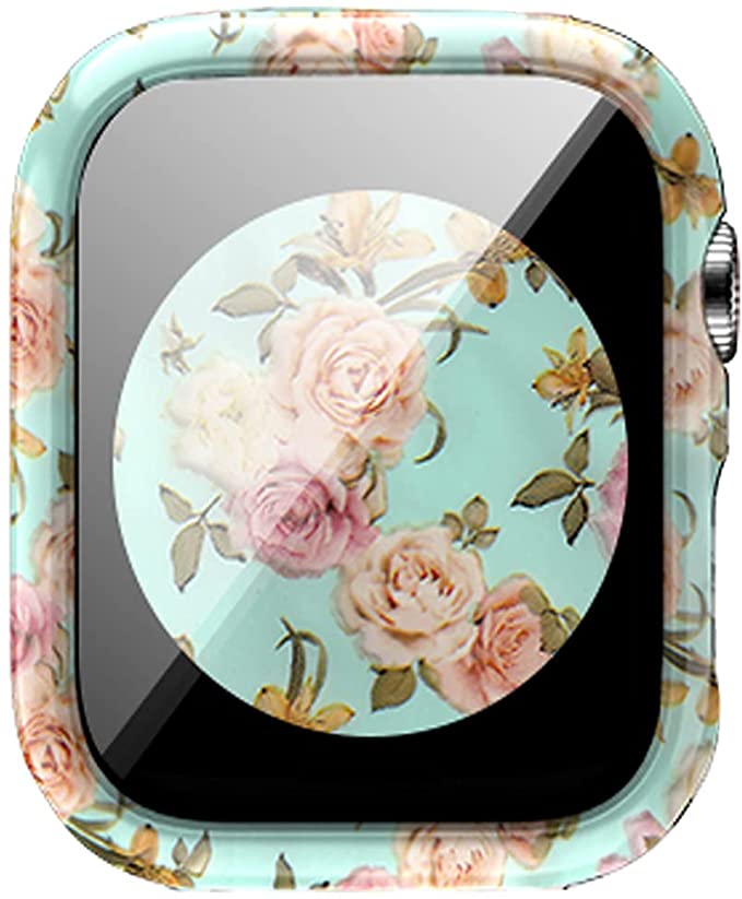 Compatible with Apple Watch SE Series 6 5 4 3 2 1 40mm 44mm 42mm 38mm Leopard /Floral Hard PC Case Tempered Glass Screen Protector Cover Resistant Impact Resistant Protective (Flower 2, 38mm)