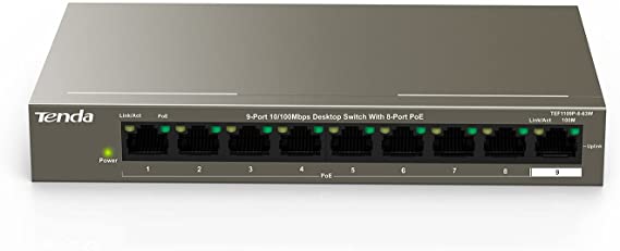 Tenda TEF1109P | 9-Port 10/100 Mbps Fast Unmanaged Ethernet Network Switch|8 PoE Ports@63W | Desktop | Plug & Play | Fanless Metal Design | Shielded Ports | Easy Smart | Limited Lifetime Protection