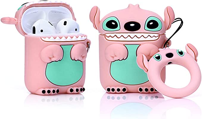 TAOCHEN Cartoon Case Compatible with AirPods 2 & 1 - Shockproof Protection Silicone Cute Fun Design Cover [DSN Simple Cartoon Series] (Stitch Pink)