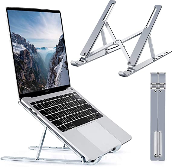 Hotcinfin Laptop Stand,Adjustable Aluminum Laptop Holder,Foldable Portable Laptop Riser for Desk, Compatible with MacBook Air Pro, iPad, HP,Lenovo, Dell, All Size Computer Notebook, Silver