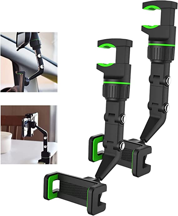 360°Rearview Mirror Phone Holder for Car,Multifunctional Phone Mount and GPS Holder Universal Adjustable Rotating Car Phone Holder(2Pcs Green)
