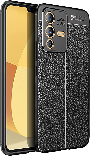 For Vivo V23 5G, Original Leather Pattern Back Case Cover Carbon Fiber Litchi Shockproof From CompuMisr - Black