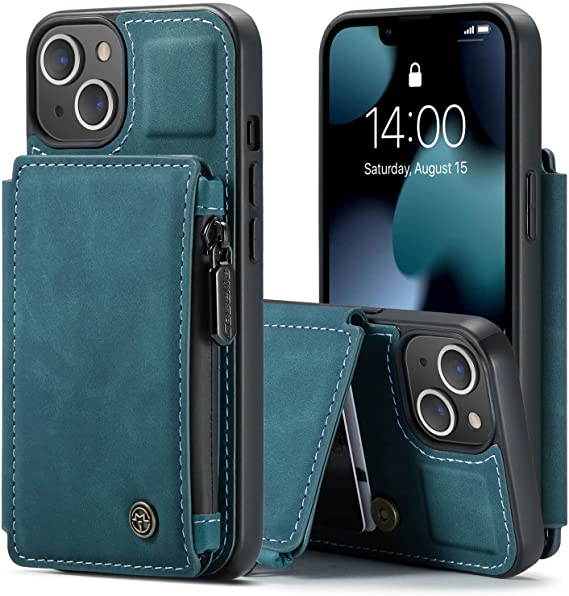 Kowauri Wallet Case for iPhone 13, Double Magnetic Clasp Zipper Purse PU Leather Wallet Case with Credit Card Slot Holder Back Flip Cover for iPhone 13 6.1 inch 2021 (Teal)