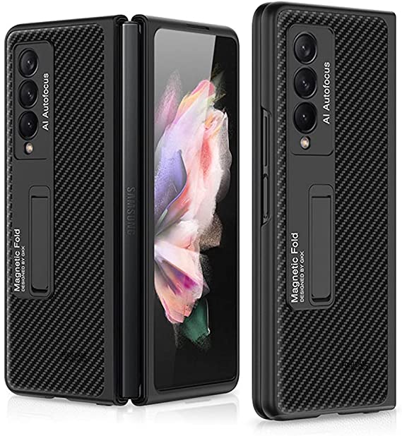 PUROOM for Samsung Galaxy Z Fold 3 Case Luxury Leather Hybrid PC Cover Built-in Magnetic Kickstand All-Inclusive Shockproof Case for Samsung Galaxy Z Fold 3 5G 2021 (Carbon Fiber)