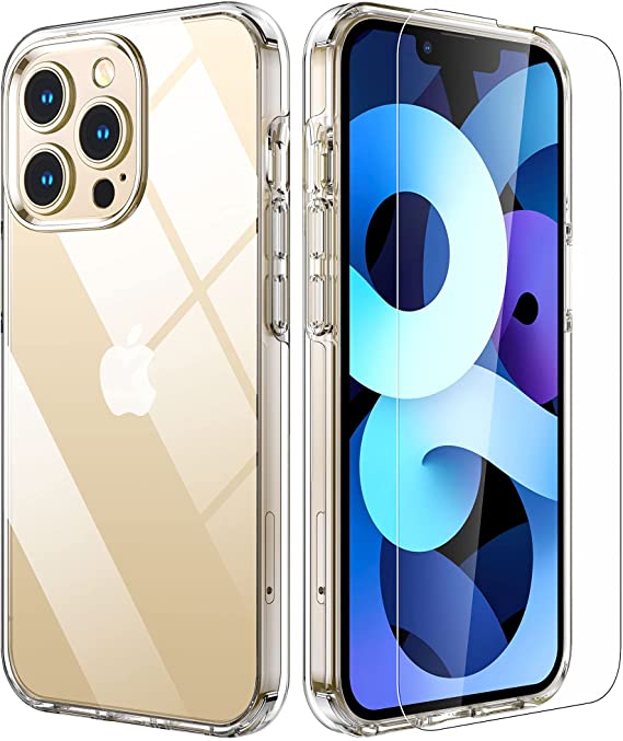 Clear Case for iPhone 13 Pro Max - USLAI Case with Glass Screen Protector, Military Grade Shockproof Clear Hard Back Protective Case, Non-Yellowing, Compatible with Apple iPhone 13 Pro Max, Clear