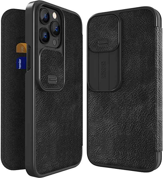 Compatible with Apple iPhone 13 Pro Case (6.1"-inch), Flip Leather Cover Card Slot with Slide Camera Cover,Slim Protective Case (Black)