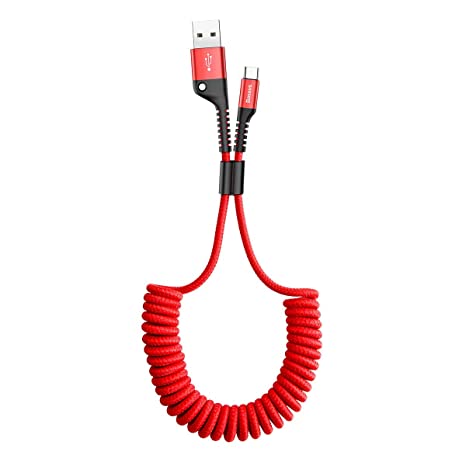 USB Type C Cable for Car, Baseus Retractable USB C Cable(3FT) Curly USB A to USB-C Fast Charger Cord Compatible Samsung Galaxy S10 S9 S8 Plus Note 9 8, Moto Z, LG5/G6/V20, USB C Devices (Red-3Ft)
