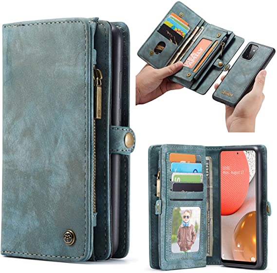 SWP Case for Samsung Galaxy A72, Wallet Case w/Magnetic Detachable Cover [11 Card Slots] Clutch Wallet w/Wristlets Money Pocket Case Compatible with Samsung Galaxy A72 5G (Blue-Green)