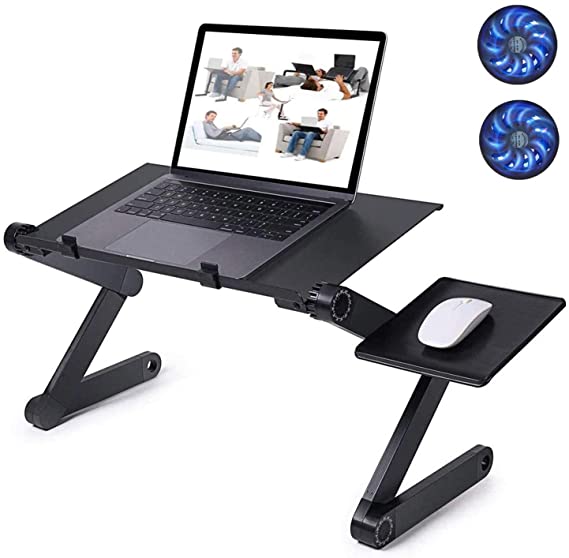 ARUZEN - Adjustable Laptop Stand with Dual Cooling Fans and Detachable Mousepad Tray, Aluminium + ABS Material, Perfect Portable Table for Use on Bed, Couch, Sofa, Desk - Black
