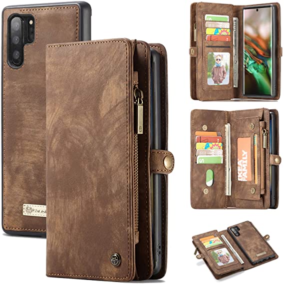 Galaxy Note10+ Plus Wallet Case,AKHVRS Handmade Premium Cowhide Leather Wallet Case,Zipper Wallet Case [Magnetic Closure]Detachable Magnetic Case & Card Slots for Samsung Galaxy Note 10+ Plus - Brown