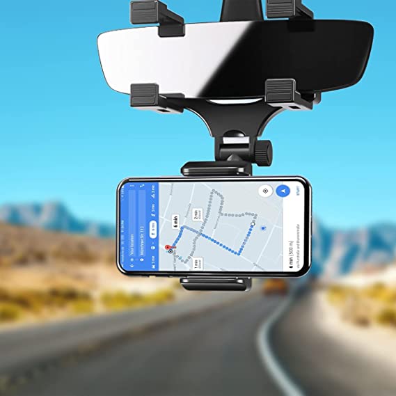 Car Rear View Mirror Phone Mount, Universal 360° Rotation Expandable Car Phone Holder Cradle for Most Mobile Phone Devices iPhone 13/13 Pro/12/11/XS/XR/8 Plus, Samsung Galaxy, GPS Google Map