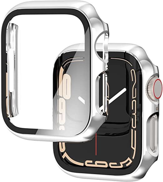 [2-Pack] Falandi Silver Hard Case Compatible with Apple Watch Series 6/5/4/SE, 40mm Case with Screen Protector, Thin Hard Cover Bumper Tempered Glass Full Coverage Protective for iWatch, Silver