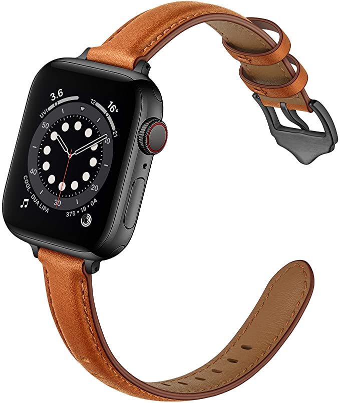 OUHENG Compatible with Apple Watch Bands 40mm 38mm 44mm 42mm, Women Slim Thin Genuine Leather Replacement Strap for iWatch SE Series 6 5 4 3 2 1