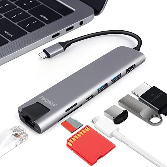 TWOPAN USB C Hub, MacBook Adapter HDMI and USB, 6 in 1 Multiport Adapter for Laptop, 1000M Ethernet, 60W PD Port, SD/Micro SD Card Reader, Compatible with MacBook Air/Pro, iPad Pro, XPS, Chromebook