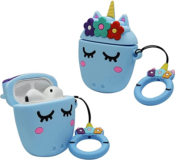 Unicorn Silicone Shockproof Case Cover With Ring Buckle For Airpods 1 & 2 - Blue