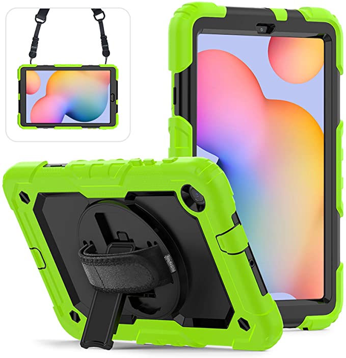 ausleben Case for Samsung Galaxy Tab S6 Lite Shockproof Case 2020 10.4 inch case with 360 Rotating Kickstand Hand Strap/Adjustable Shoulder Strap.Rugged Durable case for -P610/P615 Case-Black+Green