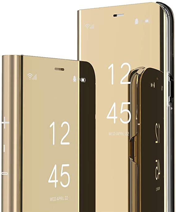 QIVSTARS Case for Samsung Galaxy J4 2018 Cool Style Clear View Window Electroplate Plating Stand Scratchproof Full Body Protective Flip Ultra Slim Cover for Samsung Galaxy J4 2018 PU Mirror:Golden QH