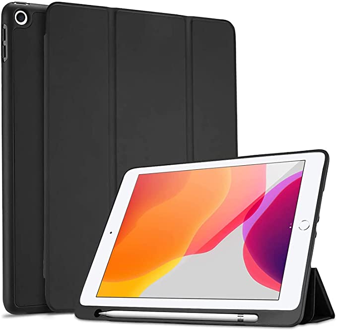 Ntech New iPad 10.2 Case (2020 8th Generation / 2019 7th Generation) with Pencil Holder and Flexible Soft TPU Back Cover, Slim Steady Stand Protective Case for 10.2" iPad 8th / iPad 7th -Black