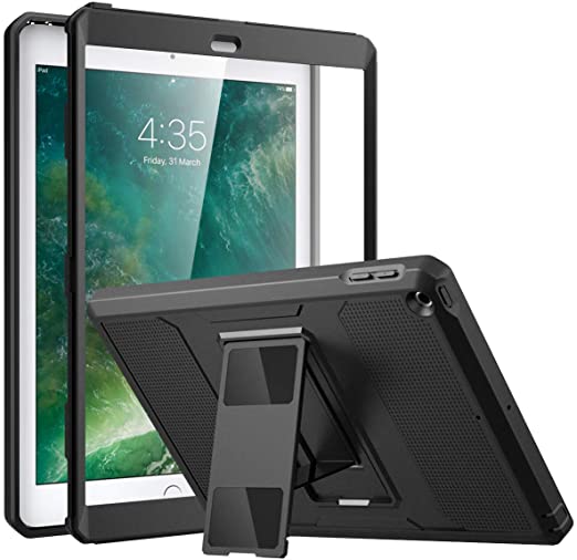 MoKo Case Fit 2018/2017 iPad 9.7 6th/5th Generation - [Heavy Duty] Shockproof Full Body Rugged Hybrid Cover with Built-in Screen Protector Compatible with iPad 9.7 Inch 2018/2017, Black