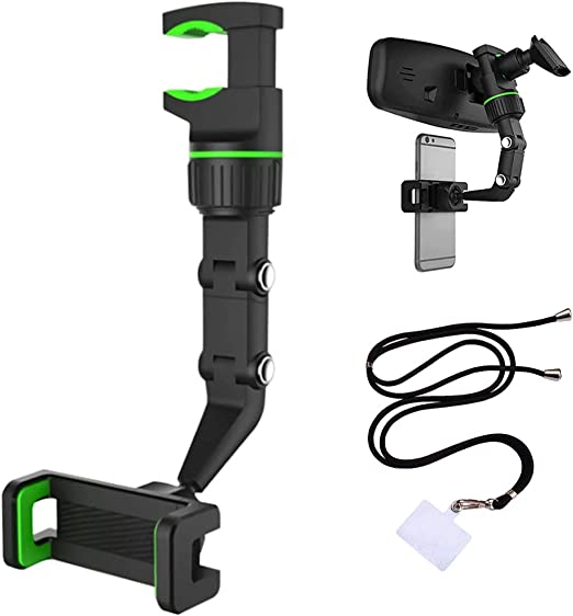 360 Degrees Rearview Mirror Phone Holder, Car Rearview Mirror Mount Phone and GPS Holder Multifunctional Rotating Phone Bracket Car Phone Mount Clip Suitable for Most 4-6.1 Inch Mobile Phones (Green)