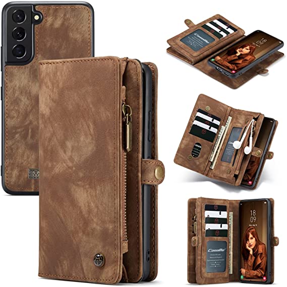 Kowauri for Samsung Galaxy S22 5G Wallet Case,Zipper Purse Leather Shockproof TPU Bumper Detachable Magnetic Flip Case with Card Slots Stand Wallet Case for Samsung Galaxy S22 5G (Brown)