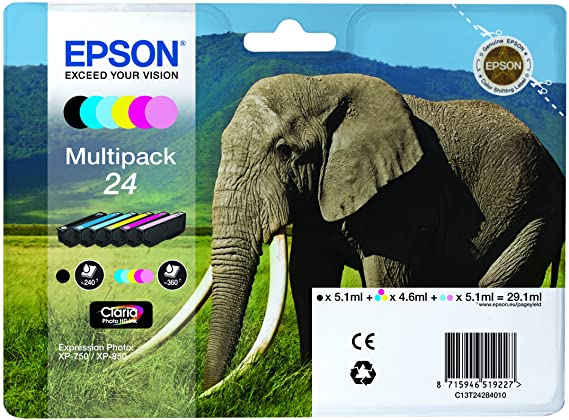 Epson 24 Elephant Genuine Multipack, 6-colours Claria Photo HD Ink Cartridges, Amazon Dash Replenishment Ready
