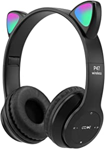 QOTSTEOS Children's Headphones Bluetooth, Cat Ears Headphones Over Ear with LED Light, Girls Cat Ear Headphones Over-Ear with LED Light, Foldable Stereo Headphones Wireless (Black)