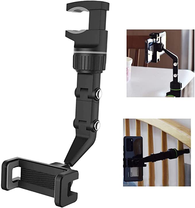 New 360° Rearview Mirror Phone Holder for Car Multifunctional Mount Phone and GPS Holder Universal Rotating Car Phone Holder, Can be Fixed and Adjusted Cell Phone Automobile Cradles (Grey)