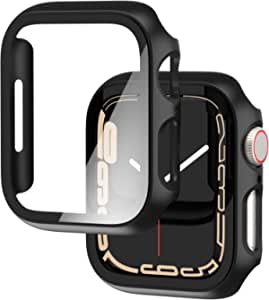 2 PACK Falandi Black Hard Case Compatible with Apple Watch Series 7, 41mm Case with Screen Protector, Matte Black Thin Hard Cover Bumper Tempered Glass Full Coverage Protective for iwatch (Black,41mm)