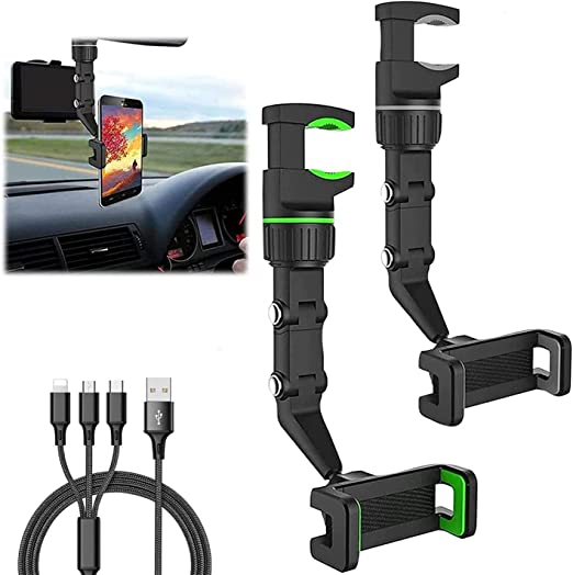 Multifunctional Rearview Mirror Phone Holder for Car, 360° Rearview Mirror Phone Mount with 3 in 1 Data Cable, Universal 360° Rotating Car Phone Holder for Car Mount Phone and GPS Holder Green+Gray
