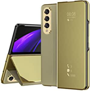 SHIEID Galaxy Z Fold 3 5G Mirror Case, Z Fold 3 Mirror Cover Cases with Kickstand Folio Flip PU Leather Shockproof Phone Case Compatible with Samsung Galaxy Z Fold 3 5G, Gold
