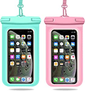 Weuiean Waterproof Phone Case, Waterproof Phone Bag with Detachable Lanyard, Phone Dry Bag for iPhone 12/11/SE/XS/XR 8/7/6Plus, Samsung S21/20/10/10+/Note up to 6.9 inch - 2Pack Mint+Pink