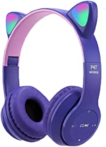 Hainice Wireless Over Ear Headphones Cute Cat LED Luminous Stereo Gaming Headset with Built-in Mic Purple