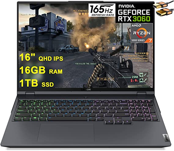Lenovo Flagship Legion 5 Pro 16 Gaming Laptop 16" QHD IPS 165Hz (500 nits 100% sRGB) AMD 8-Core Ryzen 7 5800H (Beats i7-11375H) 16GB RAM 512GB SSD GeForce RTX 3060 6GB Backlit USB-C Win 11