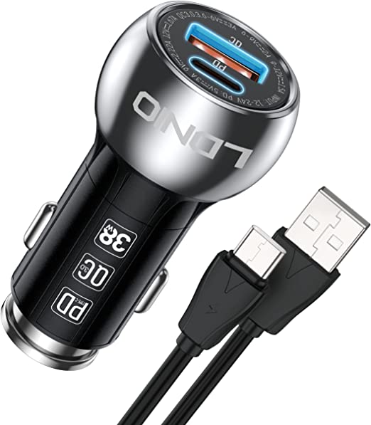 Car Charger, LDNIO 36W Car Charger Adapter, Dual USB Car Charger Quick Charge 3.0 & PD Fast Charging Compatible with iPhone13/12/11 Pro Max, Samsung Galaxy S21/S20/S10/S9/S8, Laptop, Switch and More