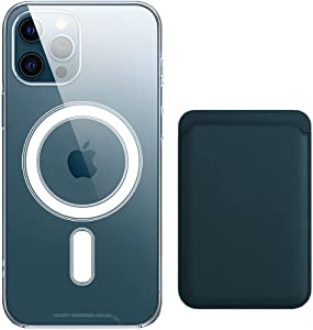 [Bundle] Magnetic Clear for iPhone 13 Pro Case [1x Magnetic Green Leather Wallet Card Holder][Yellow Resistant & MIL-Grade Drop d] Compatible with MagSafe Slim Cover 6.1 Inch