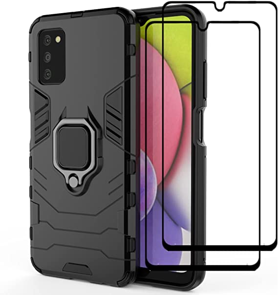 FLYME.US for Samsung Galaxy A03S Case with Tempered Glass Screen Protector (2 Pack), Dual Layer Hybrid Tank Armor Case with Kickstand Shockproof Soft TPU & Tough PC Back Cover,Black