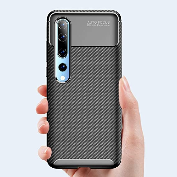 لهاتف شاومى Mi 10 ، جراب خلفي بنمط جلدي أصلي مقاوم للصدمات من ألياف الكربون من GrabMobily - مقاوم للانزلاق - أسود