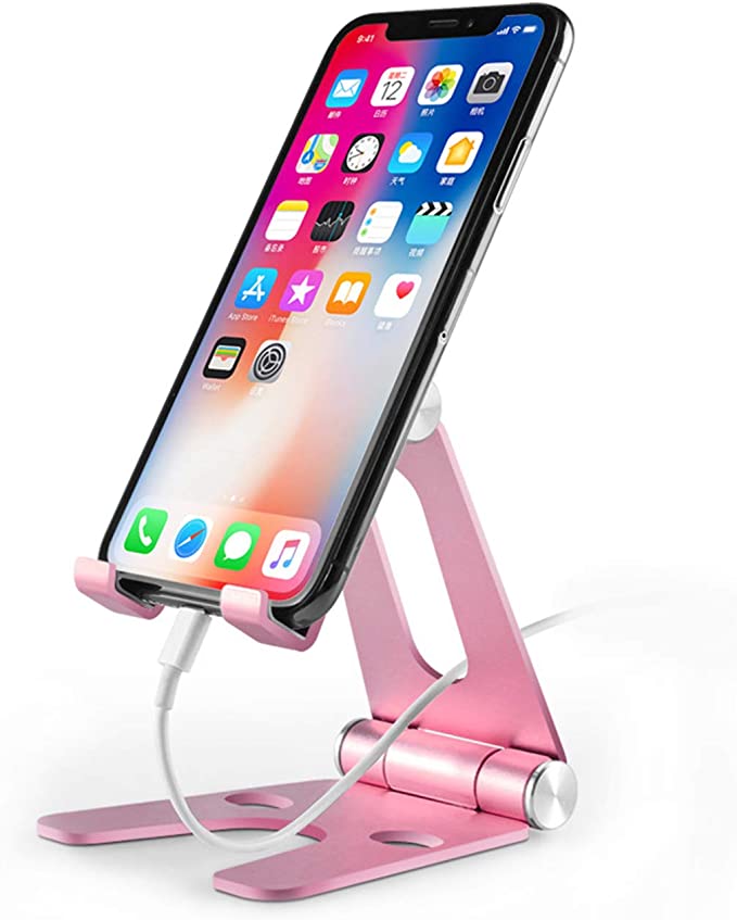 Adjustable Mobile Cell Phone Stand Holder for Desk, Multi-Angle Metal Universal Portable Cell Phone Display Holder Compatible with iPhone Samsung Huawei Smart Phones Tablet E-Reader (Rose Gold)
