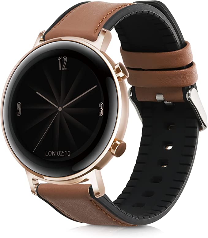 kwmobile Wristband Compatible with Huawei Watch 2 / Watch GT2 (42mm) / Honor Magic Watch 2 (42mm) - Silicone and Leather Sport Bracelet Strap - Brown/Black
