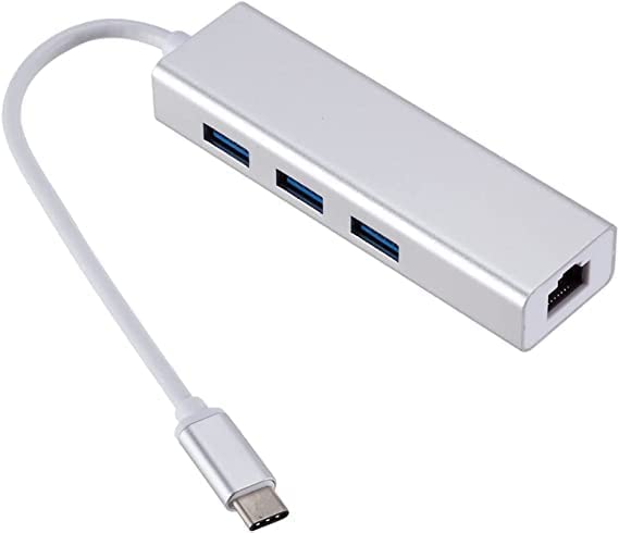 USB Type-C to USB Hub and Ethernet Rj45 LAN Adapter, 3 Ports USB3 - Silver and White