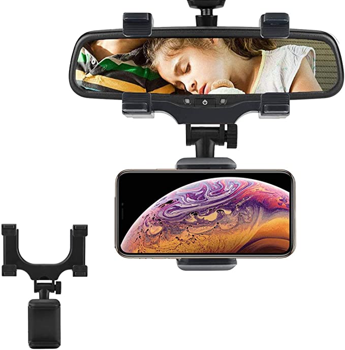 Car Phone Holder Mount,Rear View Mirror Phone Holder Rubberized Clips Adjustable Telescopic Bracket Vehicle Cradle for iPhone XS/X/8/7/6/6s Plus,Samsung Galaxy S9/S8,Huawei Mate 20 Cell Phone GPS